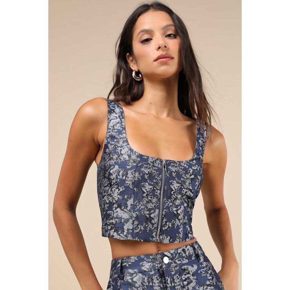 Lulus Aesthetic Confidence Navy Jacquard Sleeveless Top